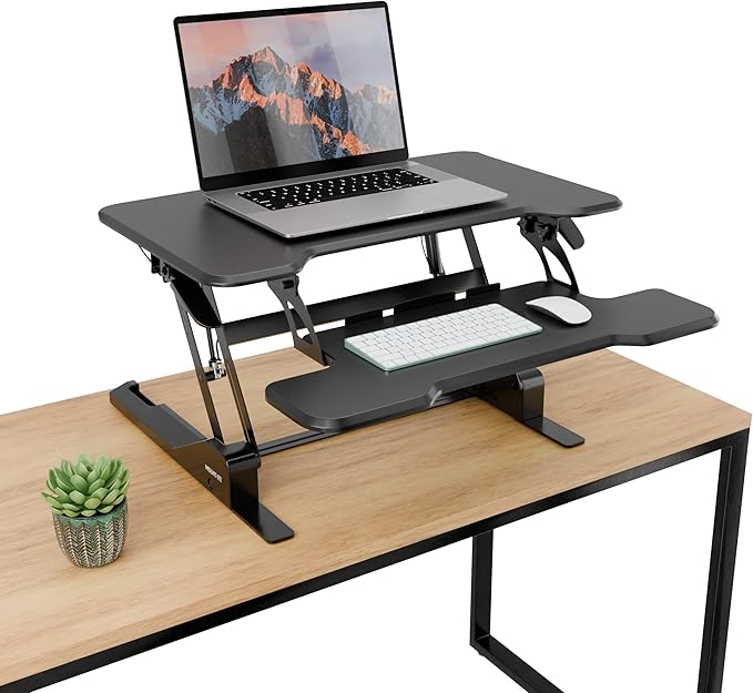 Mount-It! Height Adjustable Standing Desk Converter, Compact 30” Wide Tabletop Standing Desk Riser with Gas Spring, Desktop Stand Up Workstation with Keyboard Tray Fits Monitor or Laptop, Black-DeskLoop Office