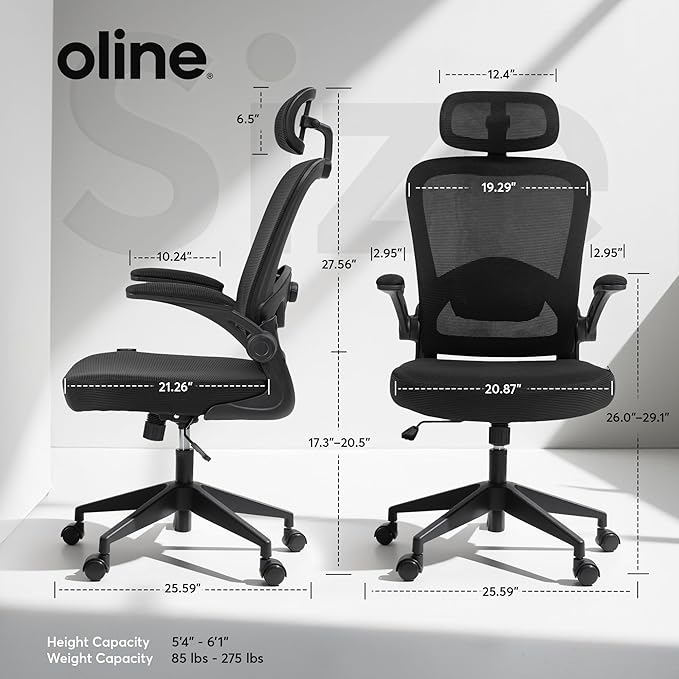 Oline ErgoAir Ergonomic Office Chair – Adjustable Lumbar Support, Flip-Up Armrests, Mesh Computer Desk Chair, Swivel Rolling Executive Gaming Chair for Home & Office (Black)-DeskLoop Office