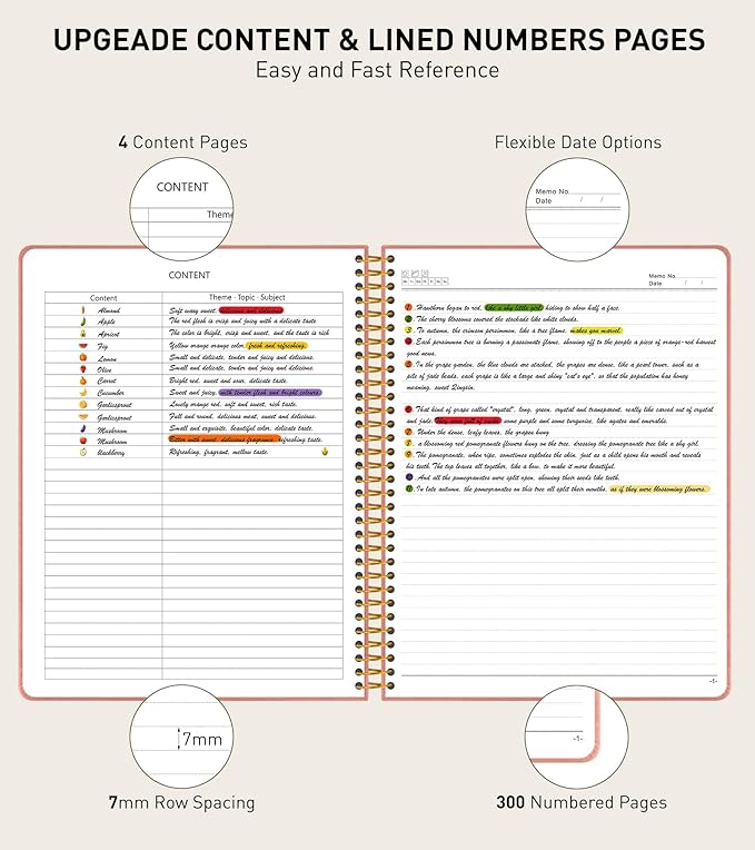 B5 Spiral Notebook Journal 7.6” x 10”, 300 Numbered Pages Hardcover Leather Journals for Women Men, Large Lined College Ruled Notebooks, 100GSM Thick Paper, Spiral Bound Journal for Work School, Pink-DeskLoop Office