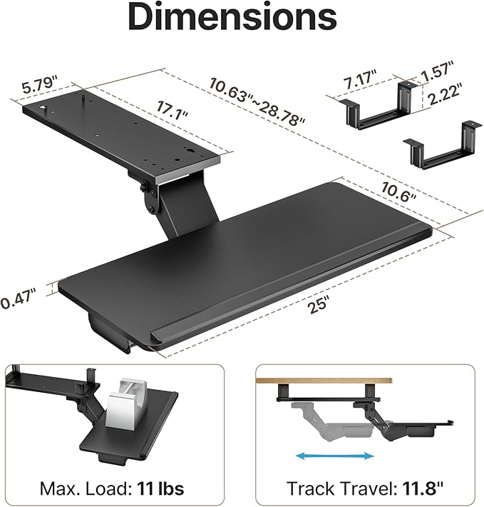 Keyboard Tray Under Desk with Storage Drawer, Height Adjustable Keyboard Tray Slide Out Swivel Tilt, Ergonomic Under Desk Mount Keyboard & Mouse Holder for Gaming Home Office, 25x11'', Black-DeskLoop Office