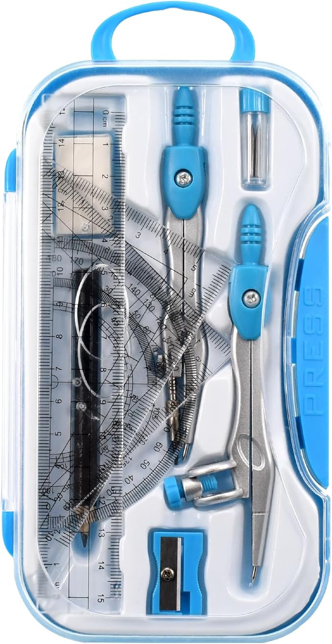 10 Pieces Math Geometry Kit Set Student Supplies with Shatterproof Storage Box,Includes Rulers,Protractor,Compass,Eraser,Pencil Sharpener,Lead Refills,Pencil,for School and Drawings(Blue)-DeskLoop Office