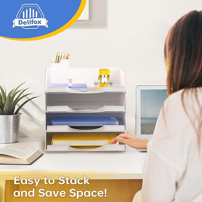 4 Pack Stackable Paper Trays for Letter Documents, Desktop File Organizers for Office Supplies, Stackable Desk Tray Holder for Paper Storage, White-DeskLoop Office