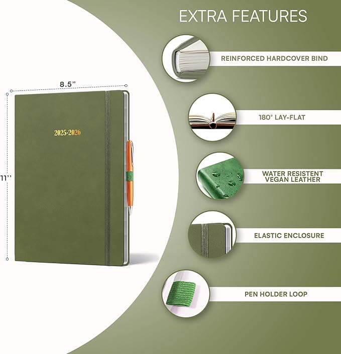 Ensight 2025-2026 HARDCOVER Leather Planner Weekly & Monthly - 8.5x11 Inches - Academic Planner Business Personal or Student - Pen Holder, Thick Paper, July 2025 - June 2026 (Olive Green)-DeskLoop Office