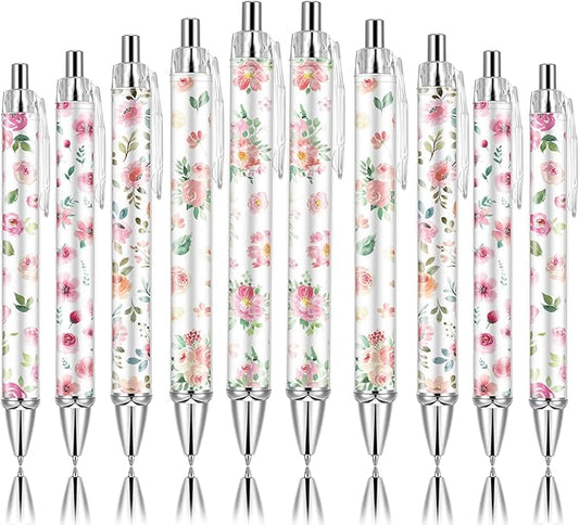 10 PCS Pink Floral Pens Flower Ballpoint Pens 0.5 mm Rollerball Tip Cute Fashionable Retractable Ballpoint Pen for Office Supplies Black Ink, Medium Point (Pink Flower, 10)-DeskLoop Office