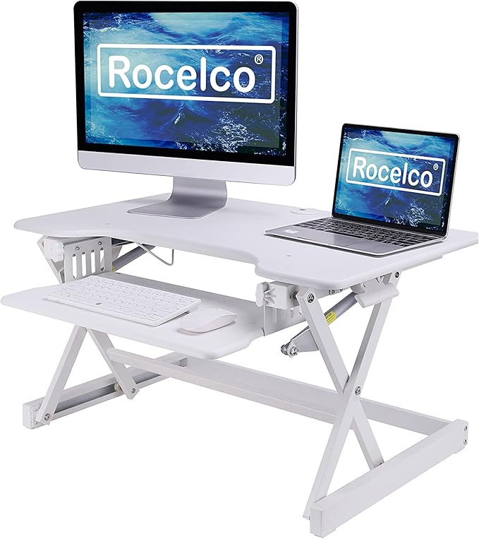 Rocelco 32" Height Adjustable Standing Desk Converter BUNDLE - Sit Stand Computer Workstation Riser with Anti Fatigue Mat - Dual Monitor Retractable Keyboard Tray Gas Spring - Black (R EADRW-MAFM)-DeskLoop Office