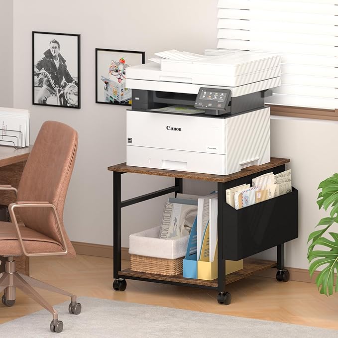 Lerliuo Large Printer Stand with Storage Shelf, 23.6 x 23.6 x 22.8 Industrial Printer Table for Home Office, Rolling Printer Cart Holder with Lockable Wheels, Mobile Mini Fridge Stand Table (Brown)-DeskLoop Office