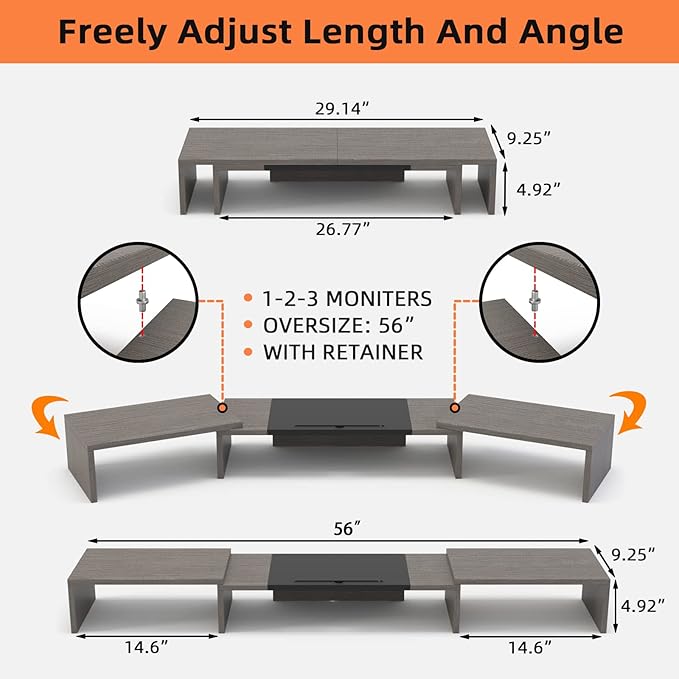 WESTREE Triple Dual Monitor Stand Riser, 56" Extra Long Monitor Stand for 1~2~3 Monitors, Monitor Stand with Length and Angle Adjustable, 3 Shelf Desktop Organizer Riser for Monitor Computer Laptop-DeskLoop Office
