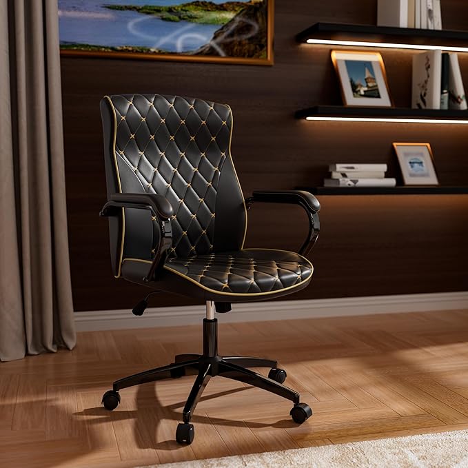 Black Office Chair with Soft Leather Embroidery, Mid Back Vintage Swivel Executive Desk Chair with Wheels and Padded Arms, Adjustable Height-DeskLoop Office