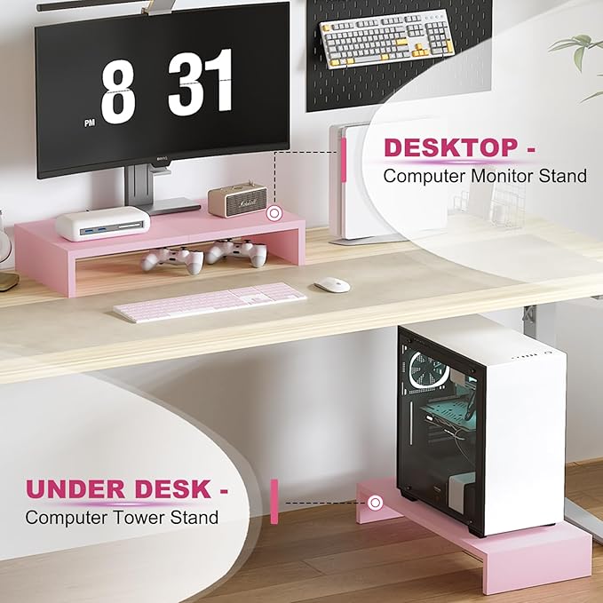 TEAMIX 2 Pack Pink Monitor Riser-20L inch, Cute Monitor Stand for Desk, Wood Sturdy TV/Screen/PC/Printer/Laptop Riser, Computer Shelf with Storage Desktop Organizer for Home Office-DeskLoop Office