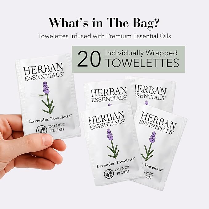 Herban Essentials - Lavender Wipes & Towelettes - Essential Oil Wipes for Make Up, Hands, Face & Body - Travel Size Essentials and Toiletries - Natural, Individually Wrapped and Disposable (20 count)-DeskLoop Office