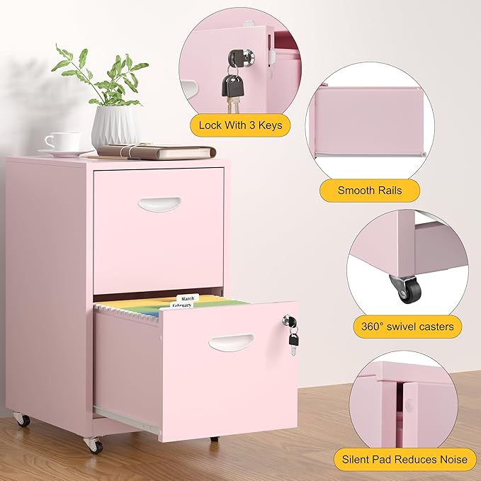 2 Drawer File Cabinet with Lock,Pink Rolling File Cabinet for Home Office, Metal Small Mobile Filing Cabinets on Wheels for Hanging Letter