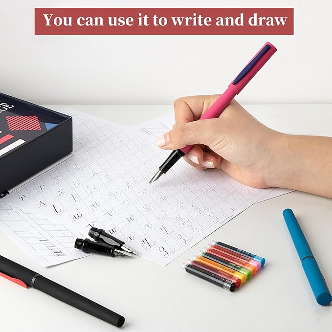 Calligraphy Pen Set,Fountain Pens with 7 Different Replaceable Nibs with 60 Ink Cartridges(12 Colors),Calligraphy Set for Beginner Writing Drawing-DeskLoop Office