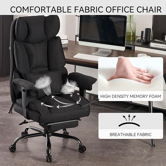 Efomao Big and Tall Office Chair 400 lb Weight Capacity, High Back Executive Office Chair with Foot Rest, Fabric Computer Chair for Back Pain Relief, Black-DeskLoop Office