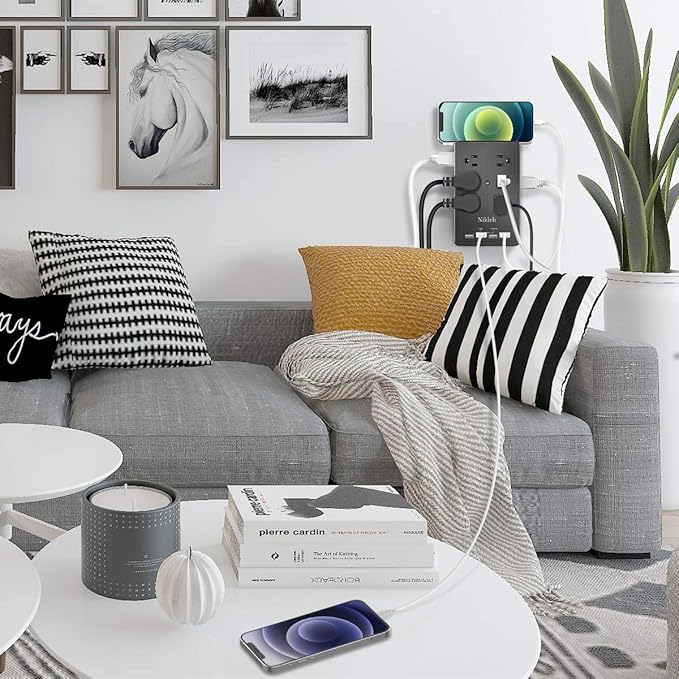 Surge Protector Nikleb, Wall Outlet with 4 USB Ports 5V 4.8A Total, 12 Multi Outlet Extender, Multiple USB Plug Adapter Wall Mount, Phone Chargier Organizer with Phone Holder, Heavy Duty-DeskLoop Office