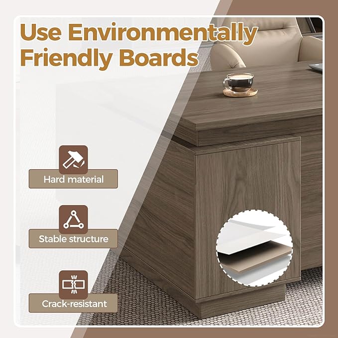 Executive Office Desk with Reversible Cabinets, Lockable Drawers, Cable Box & Privacy Panel – Modern Wood Grain Desk for Home Office or Business Use(Black Walnut,63" L*32" W*30" H)-DeskLoop Office