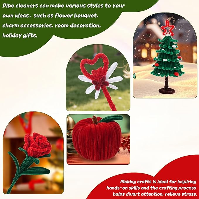 400 Pcs Red Pipe Cleaners for Crafts, 4 Colors Chenille Stems Bulk with Floral Wires, Gardening Tape,Hot Glue Stick,Greeting Card,Bouquet Paper, Pearl & Ribbon, Flowers Craft kit for Christmas-DeskLoop Office