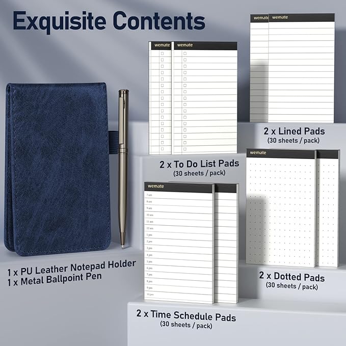 WEMATE 10 Pieces Small Notepad Holder Set Pocket Notebook - Included Mini Pocket Notepad Holder Set with 8 Memo Book Refills and Metal Pen for Meetings, Daily Records, and Notes 3 x 5 Inch (Blue)-DeskLoop Office