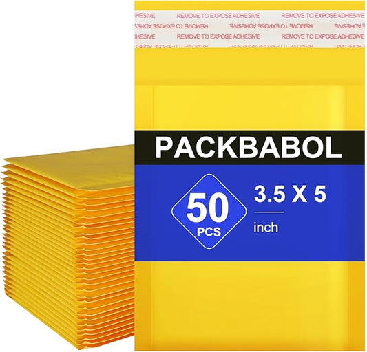 packbabol Kraft bubble mailers 3.5x5 Inch 50 Pack,Self-Sealing Paper Envelopes for Packaging,Strong Adhesion Envelope Mailers, Small Waterproof Cushioned Padded Shipping Bags Yellow #0000-DeskLoop Office