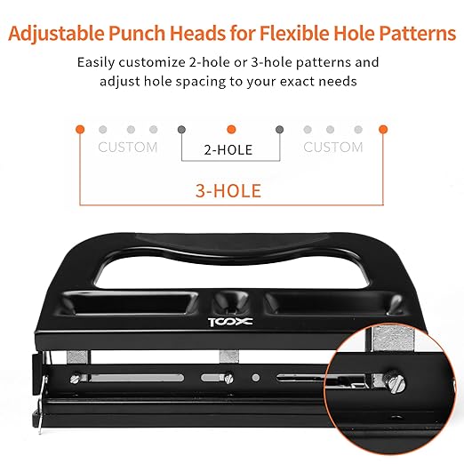 XOOL 3 Hole Punch, Heavy Duty Metal Hole Puncher for 2 or 3 Holes, 9/32" 7mm Hole Diameter, 40-Sheet Capacity, Adjustable Hole Spacing, Non-Slip Base for Office & School-DeskLoop Office