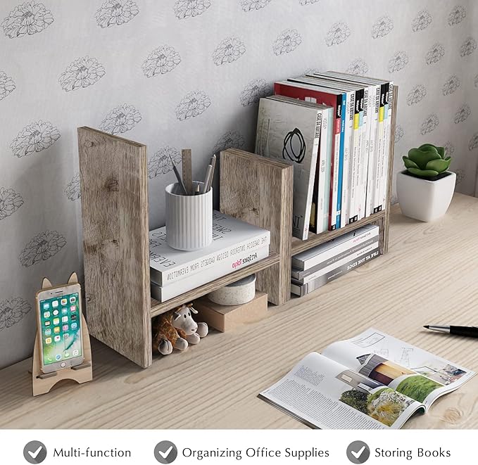 Jerry & Maggie Desktop Organizer Office Storage Rack Adjustable Wood Display Shelf Free Style Double H, Multi-Functional Mini Bookshelf for Desk Natural Stand (Gray Oak)-DeskLoop Office