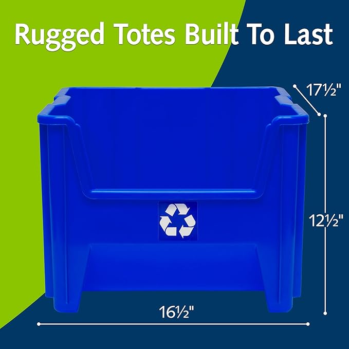 Commercial Industrial Heavy Duty Stackable Open-Front Recycling Bin Box Containers, 12 Gallon, 2 Pack, Blue-DeskLoop Office