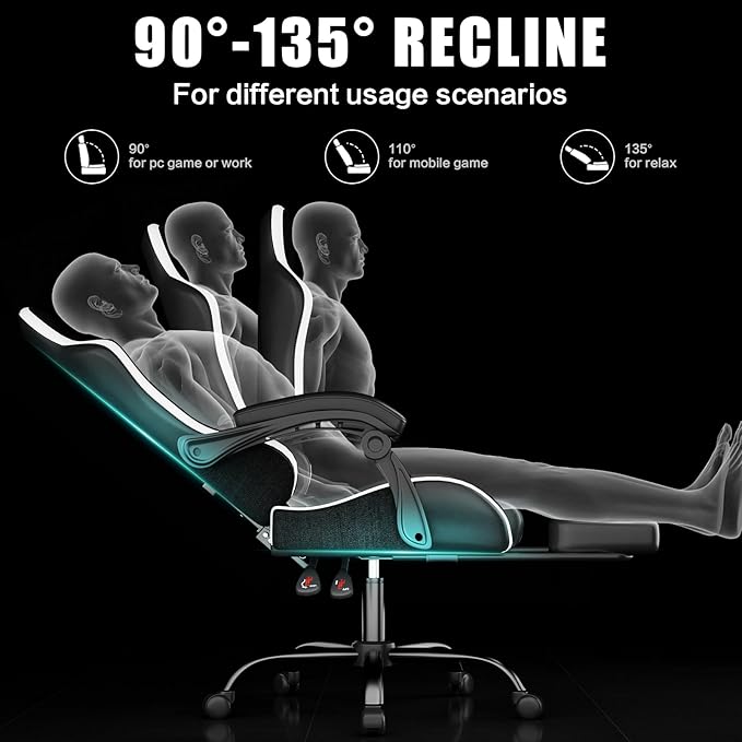 Gaming Chair, Ergonomic Office Computer Chair with Footrest and Lumbar Support Massager Racing Style High Back Video Gamer Chair, Wide&Thick Cushion, 90°-135° Recline, Adjustable Height, White-DeskLoop Office