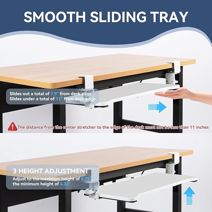VUSIGN Keyboard Tray Under Desk Height Adjustable,Pull Out with Adjustable C Clamp Mount System for L-Shaped Tables, Extra Sturdy, 26.4” x 11.8” Slide-Out Platform Computer Drawer for Typing,White-DeskLoop Office