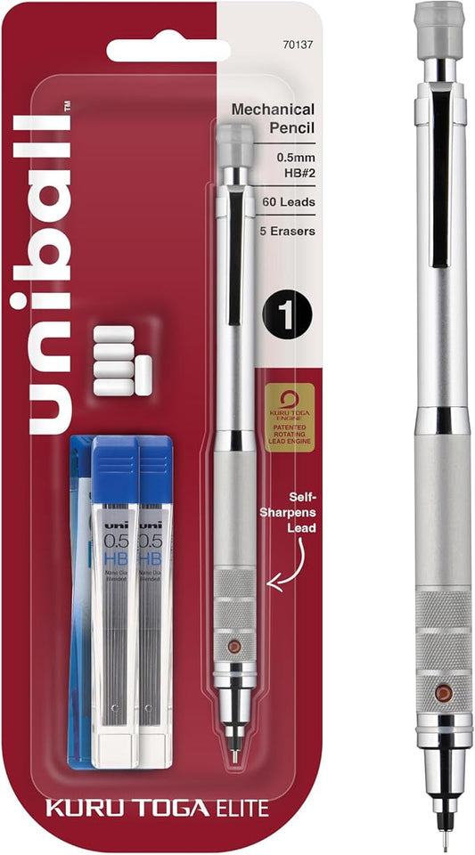 Uniball Kuru Toga Elite Mechanical Pencil Starter Kit with Silver Barrel and 0.5mm Tip; 60 Lead Refills; and 5 Pencil Eraser Refills; HB #2; Office Supplies; School Supplies; Drafting-DeskLoop Office