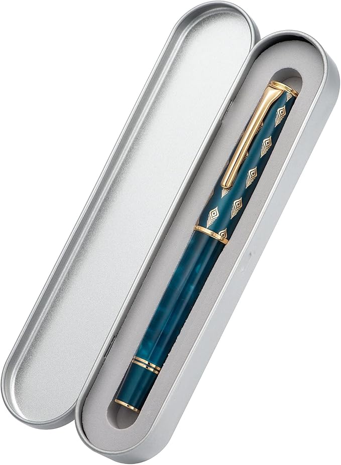 Hongdian N7 Blue Peacock Resin Piston Fountain Pen, Iridium Long Blade Fine Nib Classic Pen, Smooth Writing Pen with Metal Box-DeskLoop Office