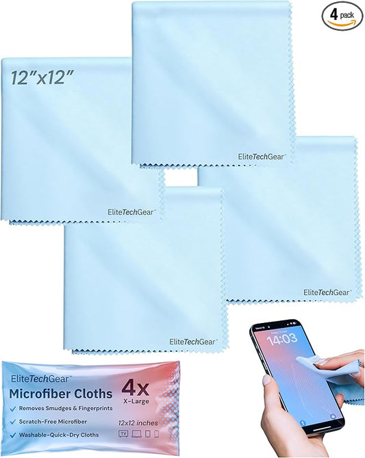 Elite Tech Gear 4-Pack Microfiber Cloth Set - 12"x12" Oversized Washable & Durable Wipes for Glasses, Lenses, Electronics & Screens - Glasses Cleaner Cloth-DeskLoop Office