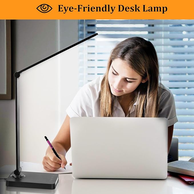 LED Desk Lamp with USB Ports,Touch Desk Lamps for Home Office with 5 Color Modes,3 Brightness Desk Light with Small Night Light,Reading Lamp Table Lamp for Bedroom Bedside Study Black (with adapter)