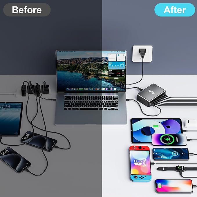 320W USB C Fast Charger Block, 8 Port USB Charging Station, GaN Ⅲ Pro 100W PD PPS Port Fast Charging Station Hub, Laptop Wall Charger Compatible with MacBook/iPhone 16/iPad/Galaxy S23/22 etc-DeskLoop Office