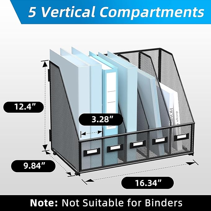 SUPEASY Desk Organizers Metal Desk Magazine File Holder with 5 Vertical Compartments Rack File Organizer for Office Desktop, Home Workspace, Black-DeskLoop Office