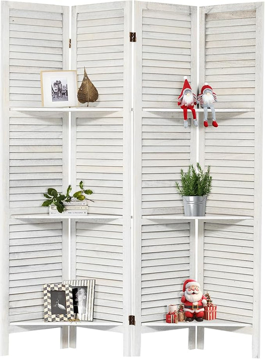 NicBex 4 Panel Room Divider,5.6FT Wood Carved Room Dividers with Display Shelves Folding Privacy Screens Portable Freestanding Partition Wall Dividers for Room Separation,Home Bedroom Office,White-DeskLoop Office