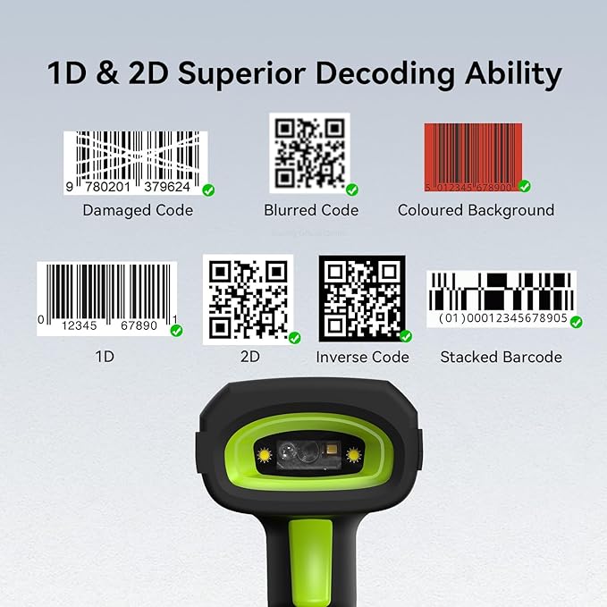 Alacrity Long-Range Scanning Industrial Barcode Scanner, 1D/2D Symbologies, Wireless Charging, Long-Distance 433MHz Wireless & Bluetooth Connectivity, Shock and Dust-Proof Barcode Reader, Green-DeskLoop Office