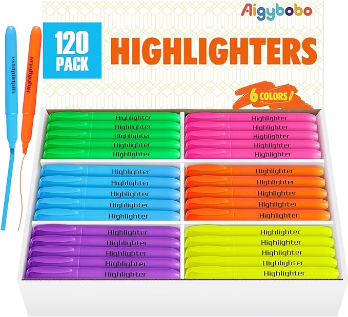 Aigybobo 120 Pack Highlighters in 6 Assorted Colors, Chisel Tip Dry-Quickly Highlighters Bulk, No Bleed Highlighter Markers for Kids Adults, Classroom Teachers Must Haves, School Office Supplies-DeskLoop Office