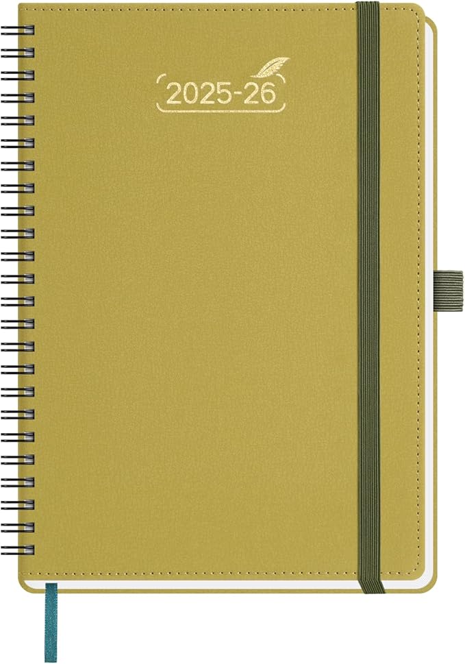 BEZEND Weekly Planner 2025-2026 with 2 Columns, 5.8" x 8.5" Academic Calendar 18 Months (Jul 25-Dec 26) Life Work Appointment Book with Monthly Tab, PU Leather Softcover Spiral - Mustard-DeskLoop Office