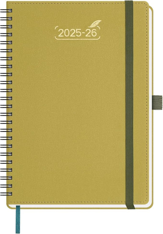 BEZEND Weekly Planner 2025-2026 with 2 Columns, 5.8" x 8.5" Academic Calendar 18 Months (Jul 25-Dec 26) Life Work Appointment Book with Monthly Tab, PU Leather Softcover Spiral - Mustard-DeskLoop Office