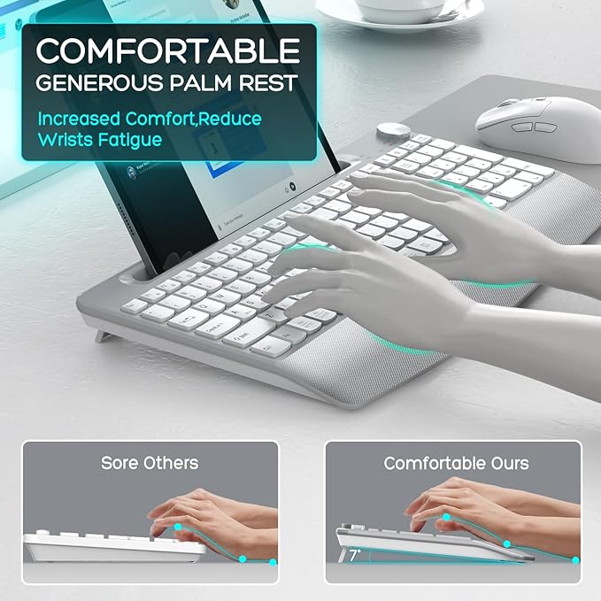 Wireless Keyboard and Mouse - Full-Sized Ergonomic Keyboard with Wrist Rest, Phone Holder, Volume Knob,2.4GHz Silent Cordless Keyboard Mouse Combo for Computer, Laptop, PC, Mac, Windows -White-DeskLoop Office