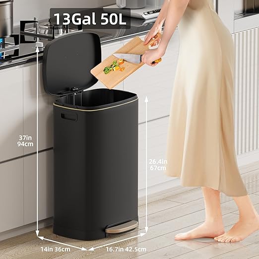 KUK 13 Gallon Kitchen Trash Can with Lid, 50L/13Gal Office Step Garbage Can for Home, Kitchen, Laundry Room, Office, Brushed Stainless Steel, Black-DeskLoop Office