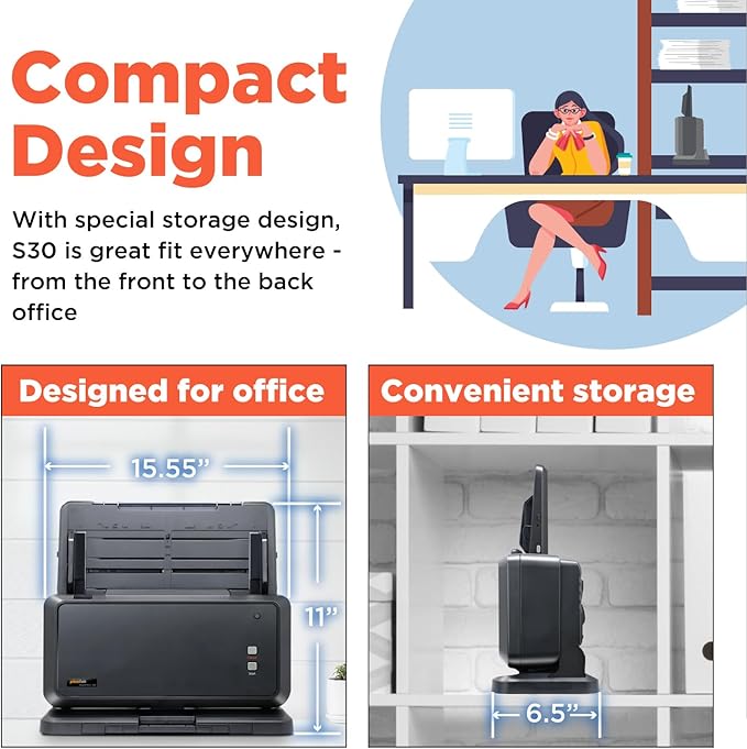 Plustek Wide-Format Color Duplex Document Scanner S30, for Large-Format Document Scan, Scans Wide Up to 12" and Long Up to 200", 100-Sheet Duplex Auto Document Feeder-DeskLoop Office