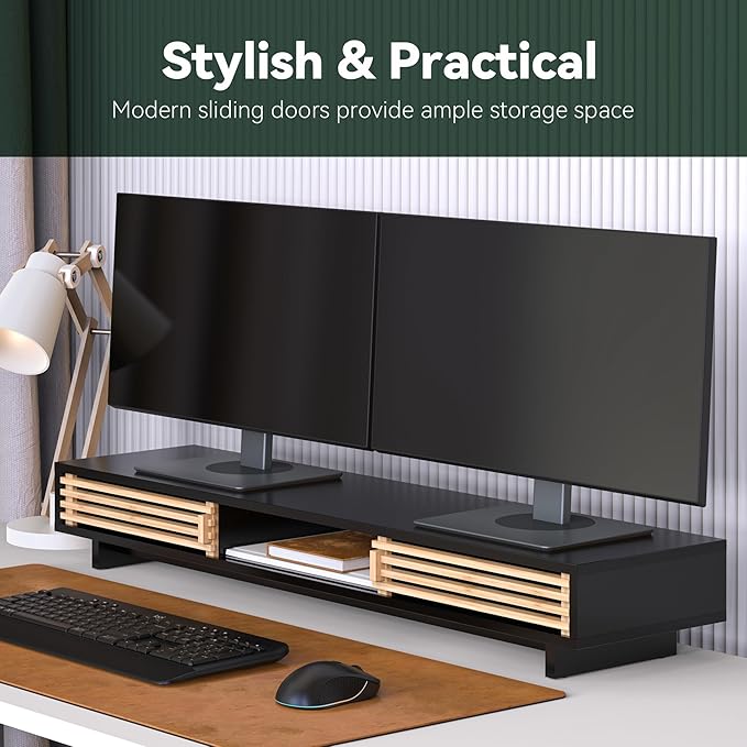 Dual Monitor Stand Riser with Sliding Door, Double Computer Laptop Stand Desk Shelf Organizer with Storage (Black + Natural Bamboo, 38 Inch)-DeskLoop Office