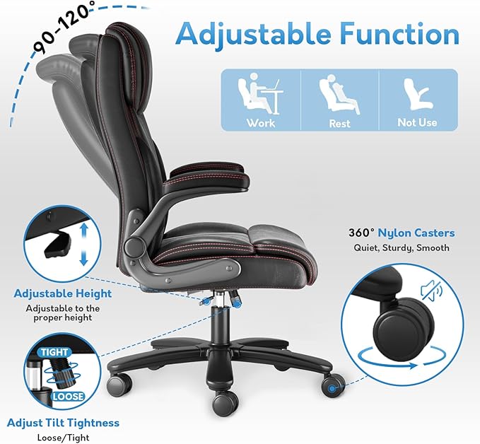 Office Chair Big and Tall 400lbs, High Back Executive Office Chair Flip Up Arms, Breathable Leather Home Office Computer Desk Chair with Lumbar Support Rocking Function, Black-DeskLoop Office