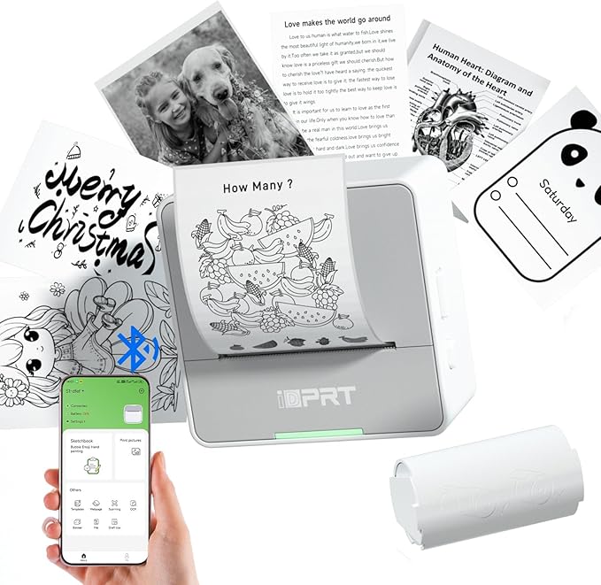 iDPRT Sticker Printer - Mini Portable Printer Bluetooth Thermal Label Printer with 1 Roll Sticker Paper, Inkless Sticker Maker Machine Pocket Instant Print for Study Notes, Pictures, DIY, Label-DeskLoop Office