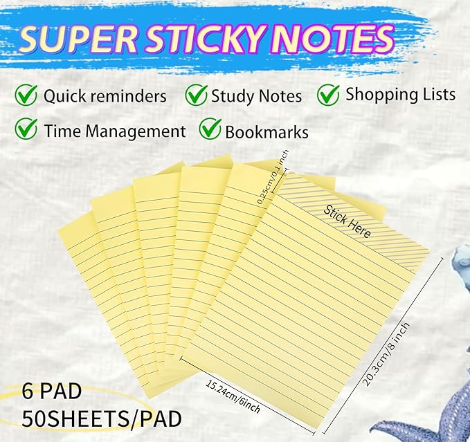 6 Pack 8x6 Inch Lined Sticky Notes, 300 Sheets Large Yellow Sticky Notes with Lines Super Sticking Power Memo Pads, Self-Stick Note Pads for School Office Home-DeskLoop Office