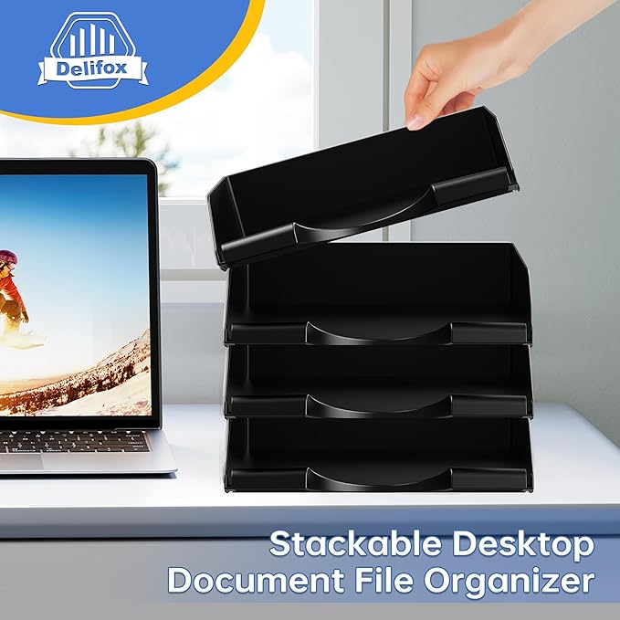 4 Pack Stackable Paper Trays for Letter Documents, Desktop File Organizers for Office Supplies, Stackable Desk Tray Holder for Paper Storage, Black-DeskLoop Office