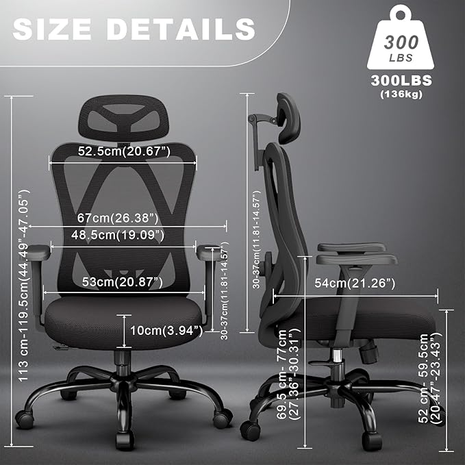 Ergonomic Office Chairs with Adjustable Headrest and Lumbar Support, High Back Mesh Home Computer Desk Chairs with 3D Armrest, 360° Swivel Wheels and Rocking Function, Black-DeskLoop Office