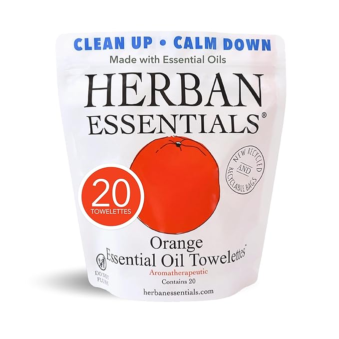 Herban Essentials - Orange Wipes & Towelettes - Essential Oil Wipes for Make Up, Hands, Face & Body - Travel Size Essentials & Toiletries - Natural, Individually Wrapped, Disposable & Moist (20 count)-DeskLoop Office
