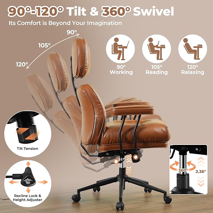 ovios Ergonomic Home Office Chair, Mid-Century Modern Faux Leather Chairs with Thickened Cushions, Comfy High Back Swivel Rolling Executive Computer Armchair (Brown, PU Leather)-DeskLoop Office