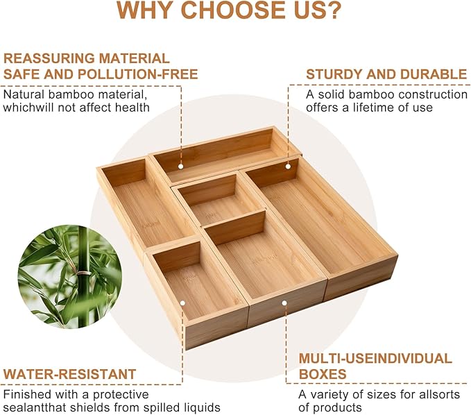 Bamboo Drawer Organizer 5 Pcs for Kitchen Multi-purpose Storage Dividers for Kitchen, Office, Jewelry, Cosmetics, Wooden Drawer Dividers for Drawer Organizer Desk Organizer Gift for Women Gifts Idea-DeskLoop Office